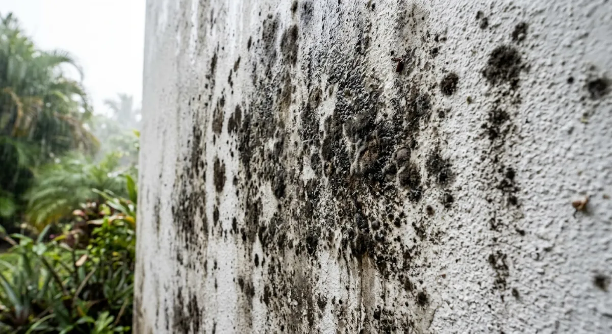 Close-up of black mold growth on a stucco wall during a humid South Florida August