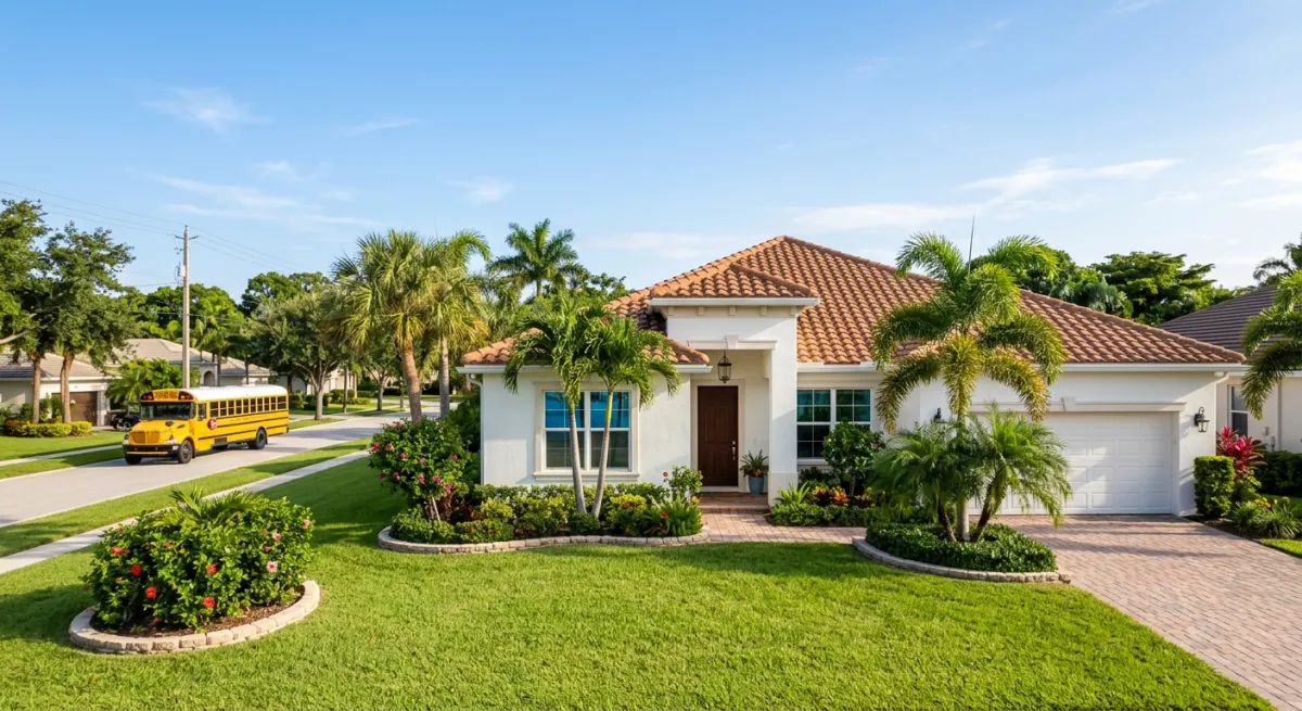 A clean Palm Beach home exterior on a warm August morning with a school bus in the background