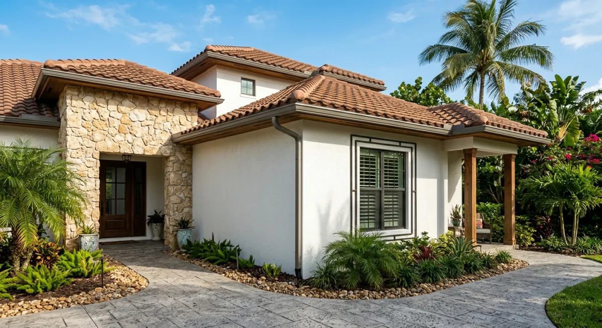 Various exterior surface materials including stucco, stone, and concrete on a South Florida home