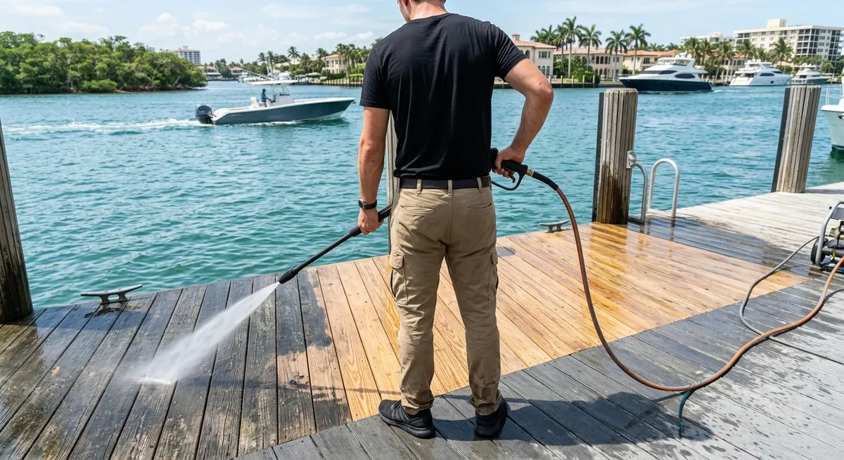 Worker pressure washing a weathered wooden dock on the Intracoastal waterway in Palm Beach with boats and waterfront homes