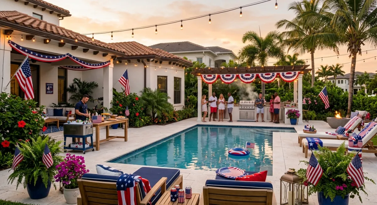 A festive outdoor pool and patio area in Palm Beach set up for a Fourth of July celebration