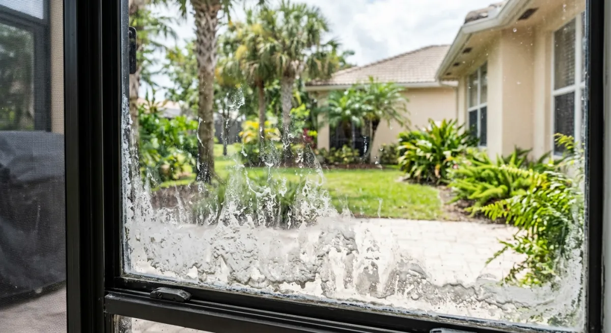 White mineral deposits and hard water stains on glass windows from irrigation overspray