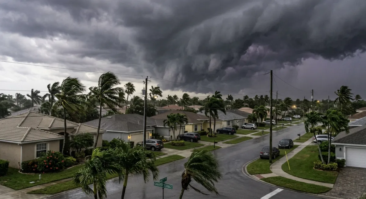 Dark storm clouds approaching over a Palm Beach neighborhood with palm trees swaying