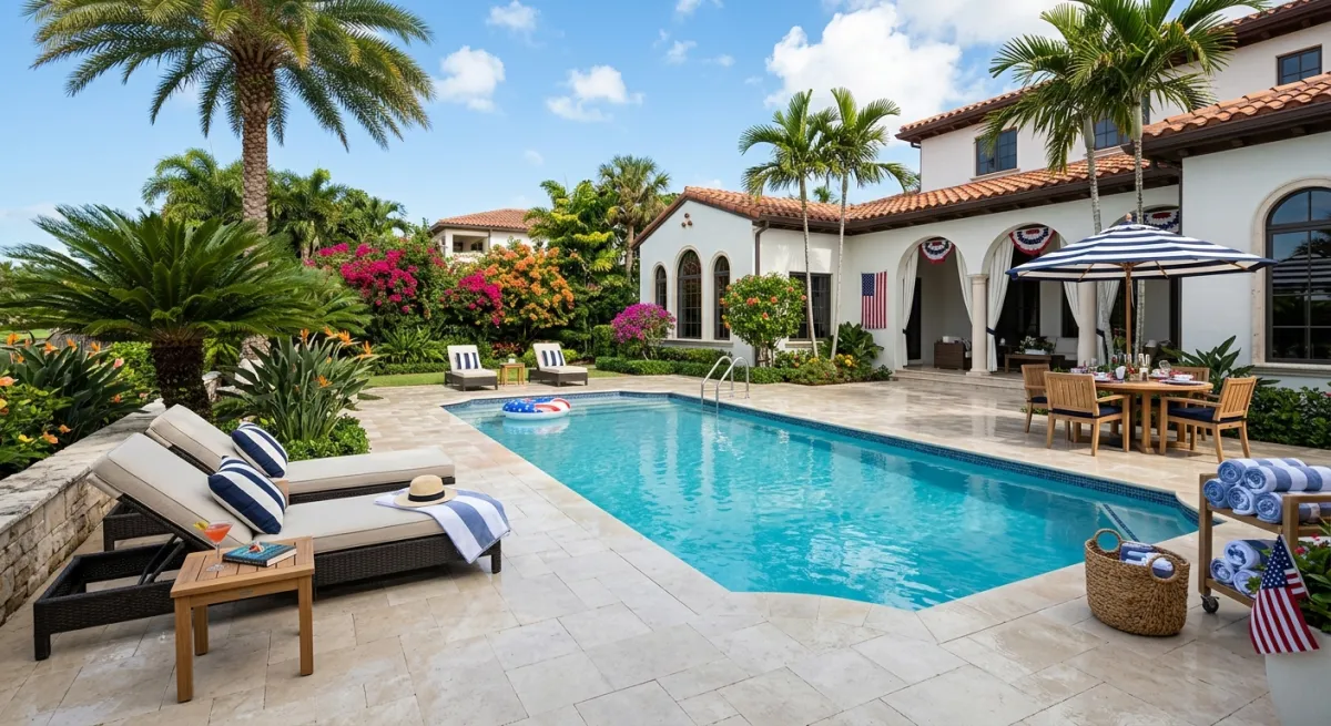 A sparkling clean pool deck and patio area at a Palm Beach home ready for Labor Day entertaining