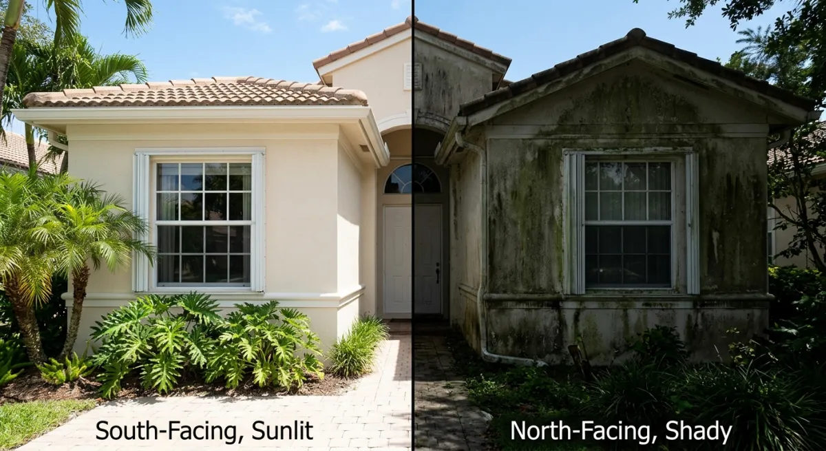 Comparison of a clean south-facing wall versus a mold-covered north-facing wall on the same home