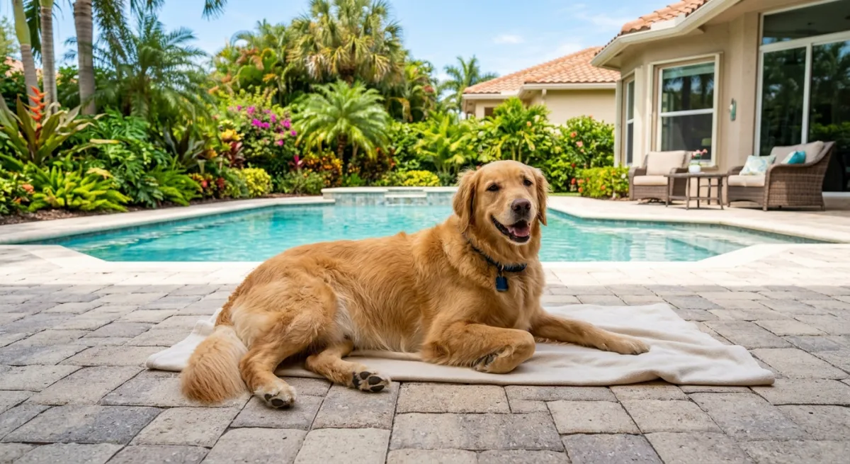 A happy dog playing in a clean backyard at a South Florida home