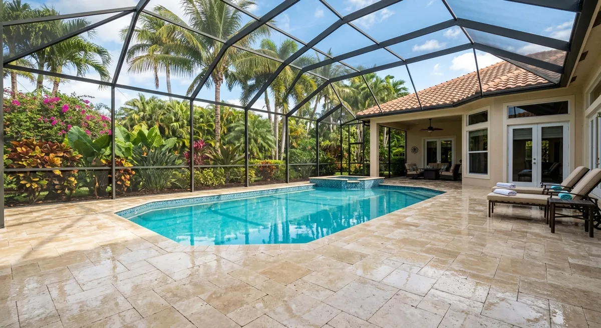Sparkling clean travertine pool deck with screen enclosure at a luxury South Florida home surrounded by tropical landscaping
