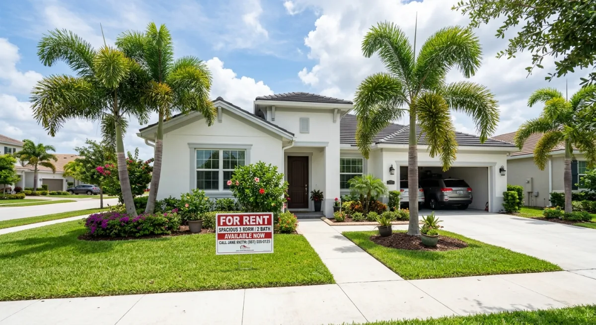 A clean rental property exterior in a Palm Beach neighborhood with a For Rent sign