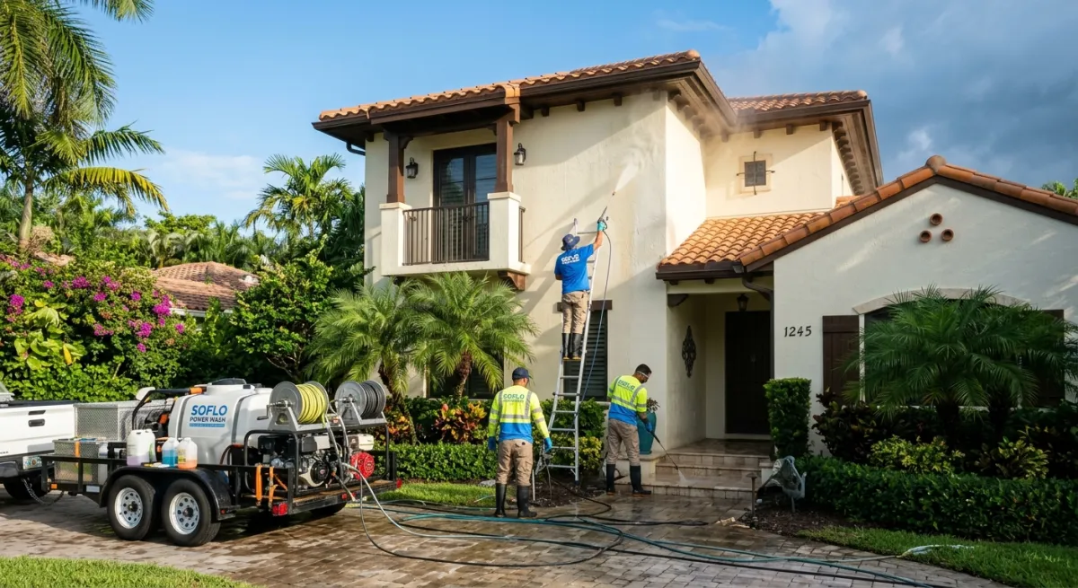 Pressure washing crew working in the morning before afternoon rain in South Florida