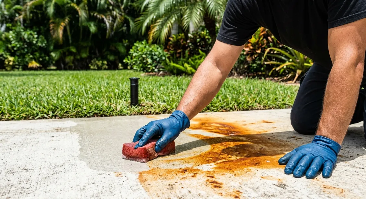 Gloved hands treating orange irrigation rust stains on a concrete driveway with sprinkler head visible