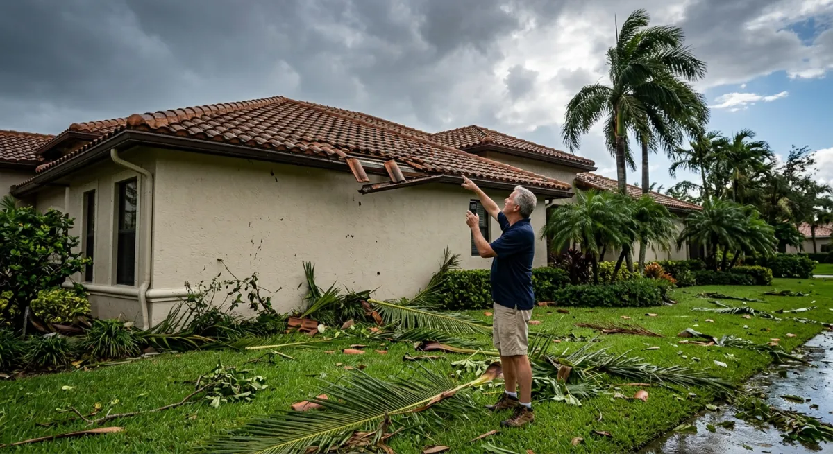 A Palm Beach homeowner examining roof and exterior damage after a summer storm