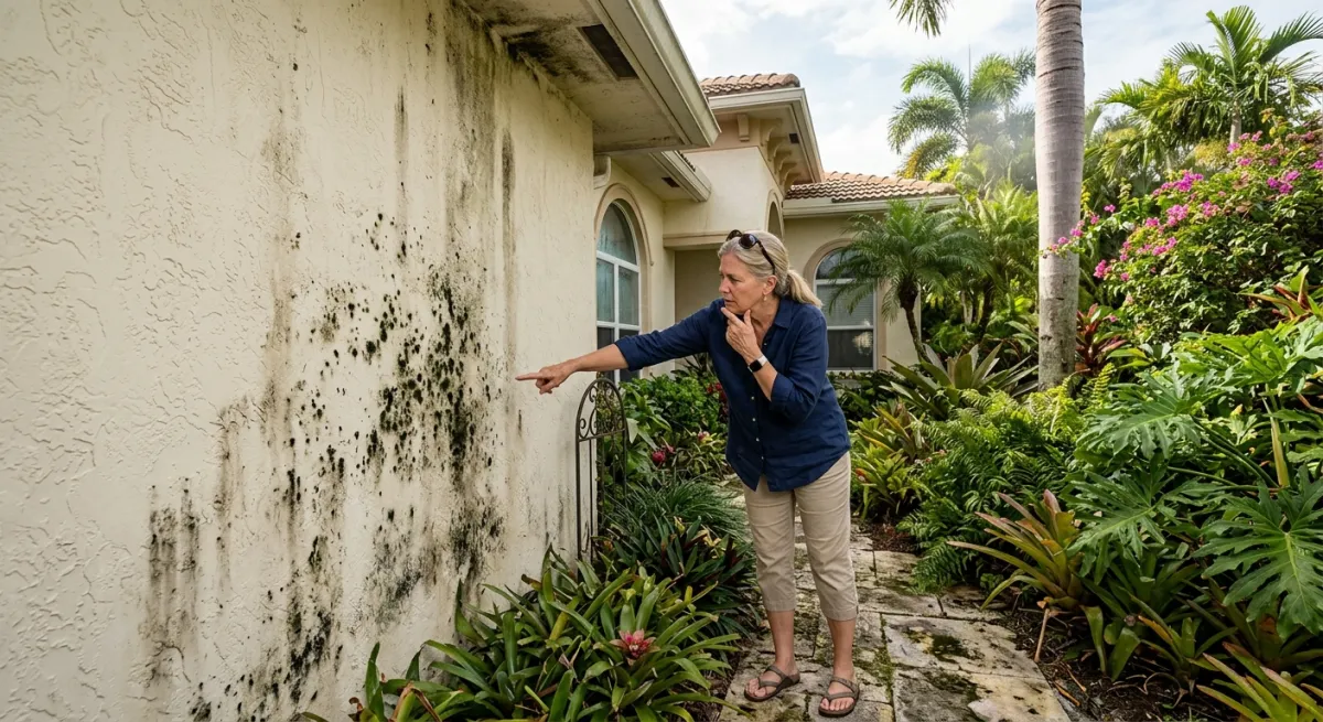 Homeowner inspecting exterior walls for mold growth during South Florida summer