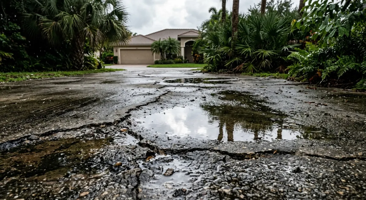 Cracked and stained concrete driveway with water pooling after a South Florida summer rainstorm