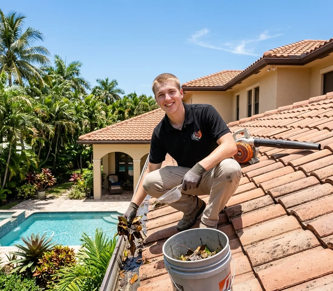 Micah Crouch cleaning gutters on a Palm Beach roof